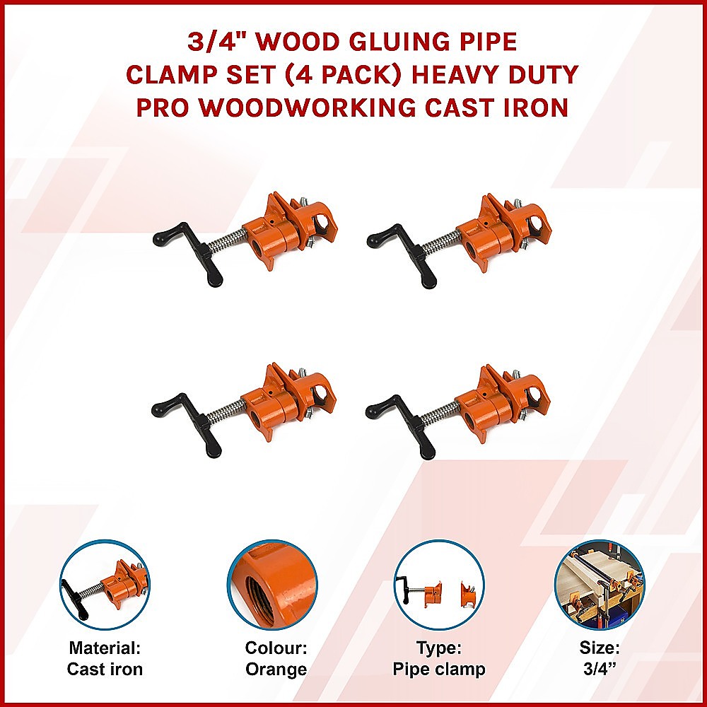 3/4" Wood Gluing Pipe Clamp Set (4 Pack) Heavy Duty PRO Woodworking Cast Iron V63-837211