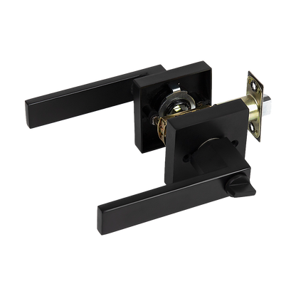 Door Handle Set Lever Key Lock Function Square Black V63-837381