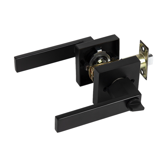 Door Handle Set Lever Key Lock Function Square Black V63-837381