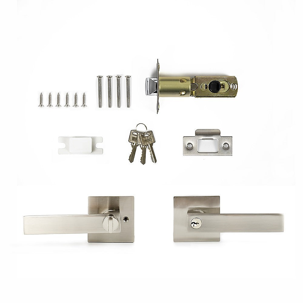 Door Handle Set Lever Key Lock Function Square Satin Nickel V63-837411