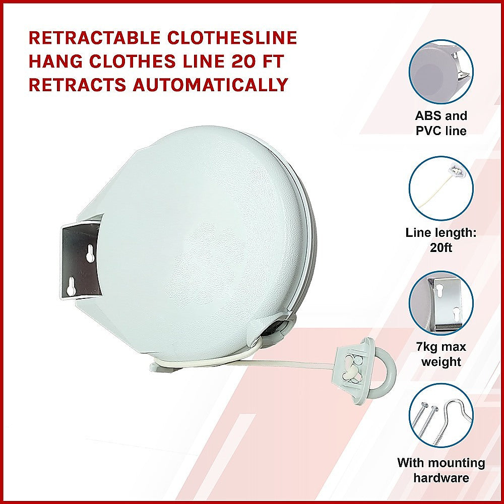 Retractable Clothesline Hang Clothes Line 20 Ft Retracts Automatically V63-837661