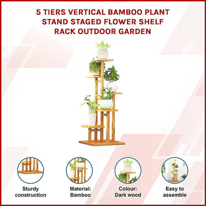 5 Tiers Vertical Bamboo Plant Stand Staged Flower Shelf Rack Outdoor Garden V63-837911