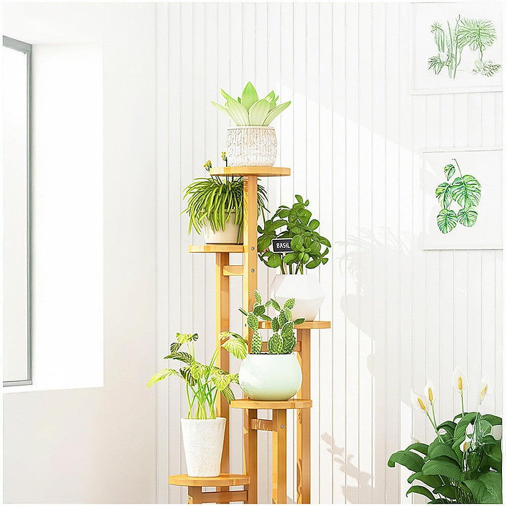 5 Tiers Vertical Bamboo Plant Stand Staged Flower Shelf Rack Outdoor Garden V63-837911