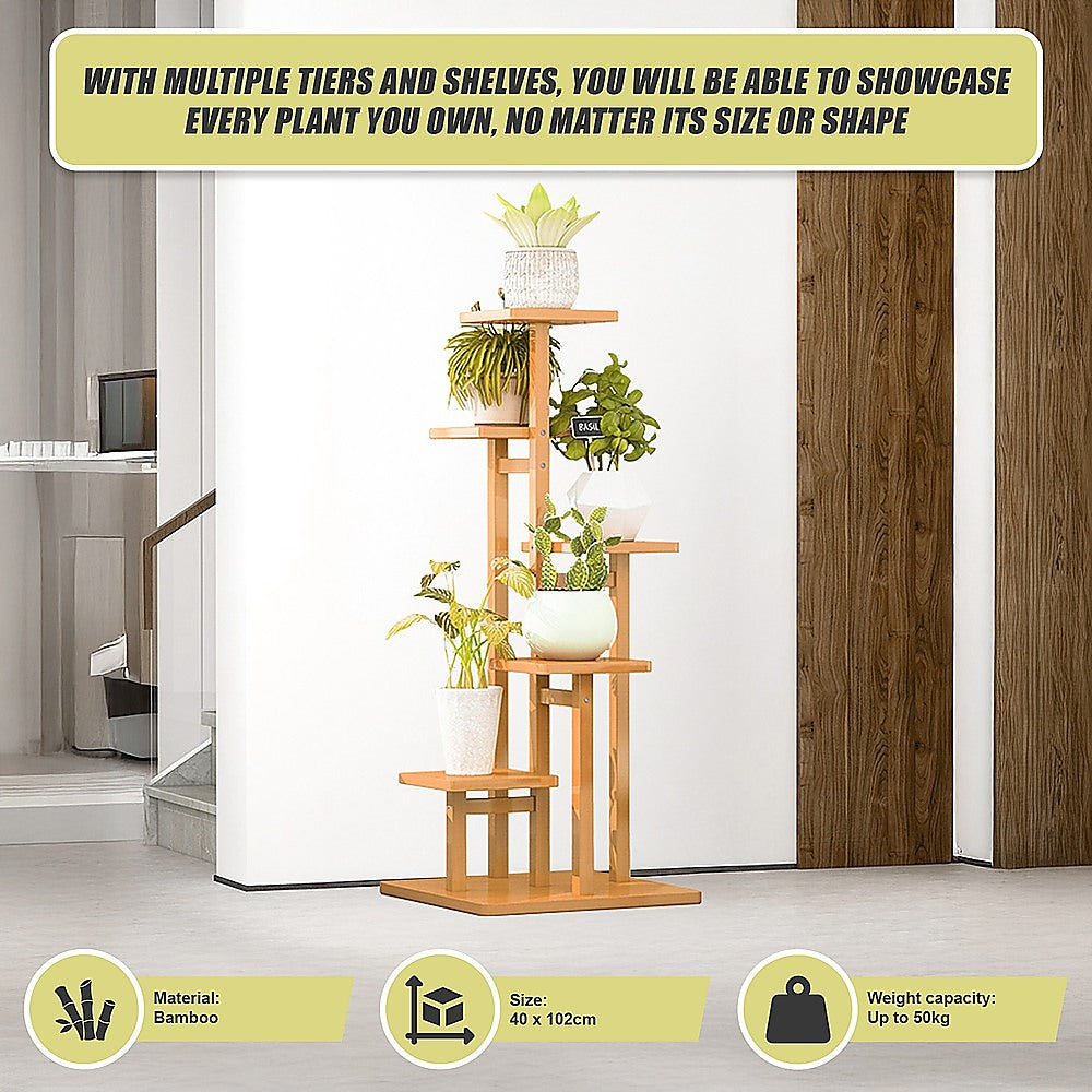 5 Tiers Vertical Bamboo Plant Stand Staged Flower Shelf Rack Outdoor Garden V63-837911