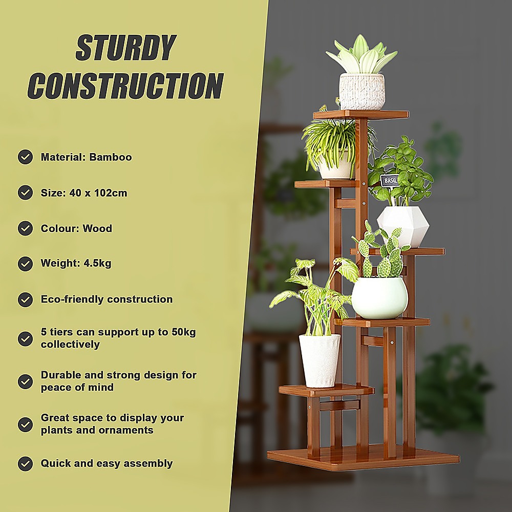 5 Tiers Vertical Bamboo Plant Stand Staged Flower Shelf Rack Outdoor Garden V63-837911