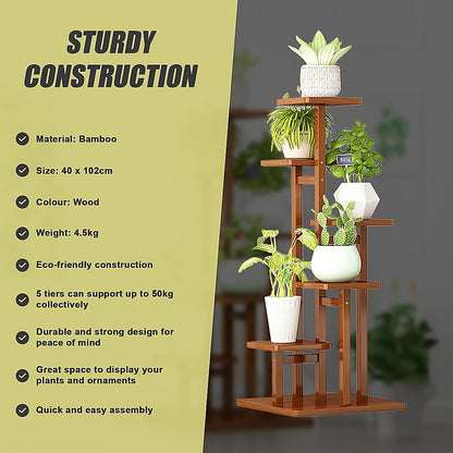 5 Tiers Vertical Bamboo Plant Stand Staged Flower Shelf Rack Outdoor Garden V63-837911