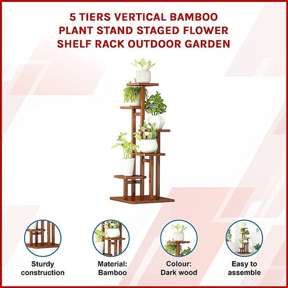5 Tiers Vertical Bamboo Plant Stand Staged Flower Shelf Rack Outdoor Garden V63-837921