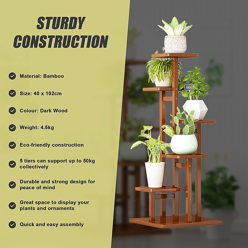 5 Tiers Vertical Bamboo Plant Stand Staged Flower Shelf Rack Outdoor Garden V63-837921