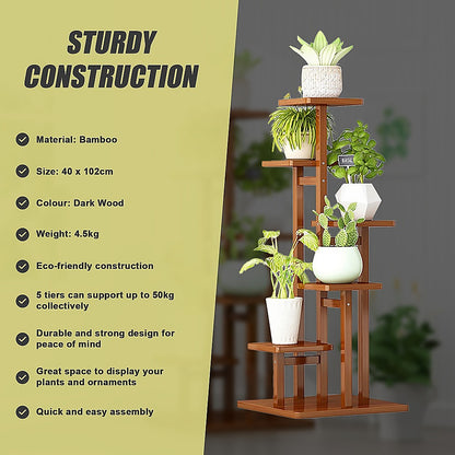5 Tiers Vertical Bamboo Plant Stand Staged Flower Shelf Rack Outdoor Garden V63-837921