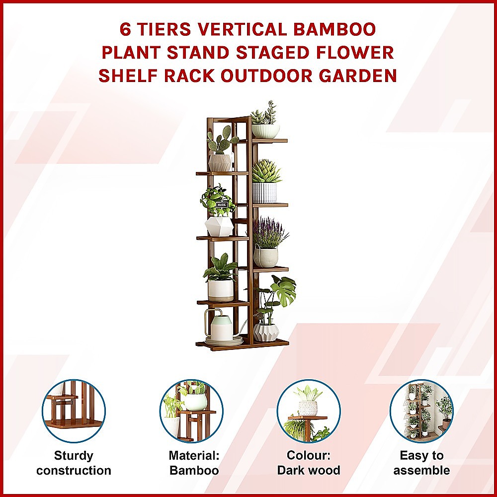6 Tiers Vertical Bamboo Plant Stand Staged Flower Shelf Rack Outdoor Garden V63-837951