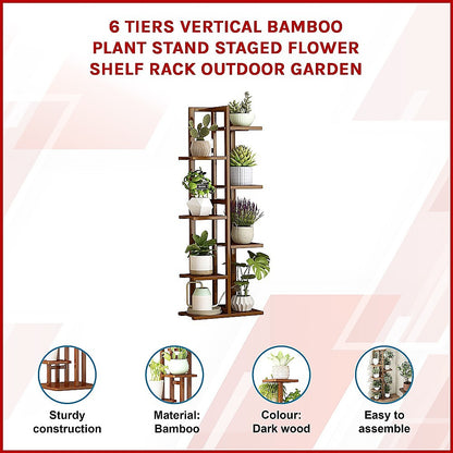 6 Tiers Vertical Bamboo Plant Stand Staged Flower Shelf Rack Outdoor Garden V63-837951