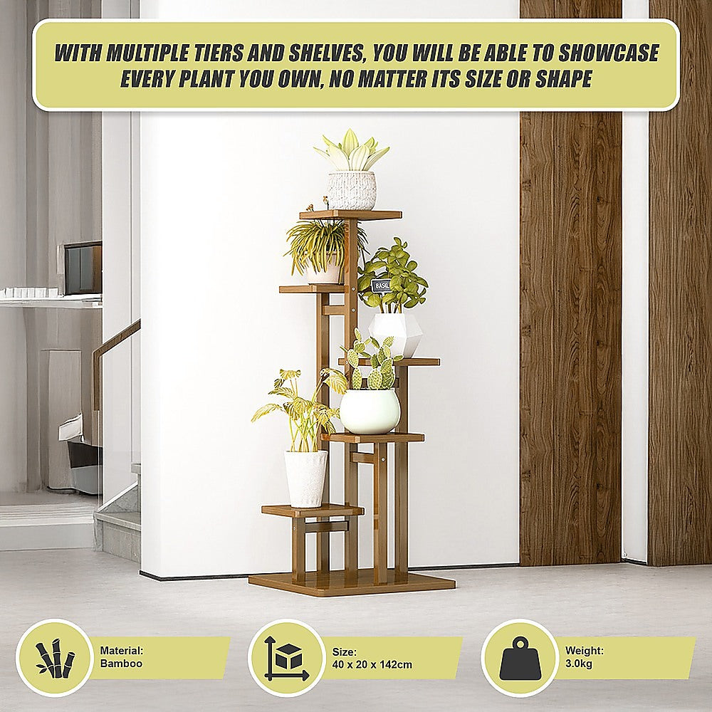 6 Tiers Vertical Bamboo Plant Stand Staged Flower Shelf Rack Outdoor Garden V63-837951