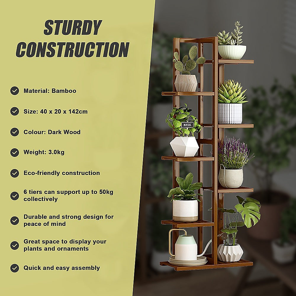 6 Tiers Vertical Bamboo Plant Stand Staged Flower Shelf Rack Outdoor Garden V63-837951