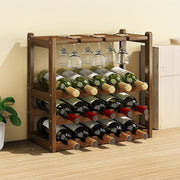 Bamboo Wine Rack Free Standing 15 Bottles with 6 Glasses Holder Storage in Dark Brown V63-837981