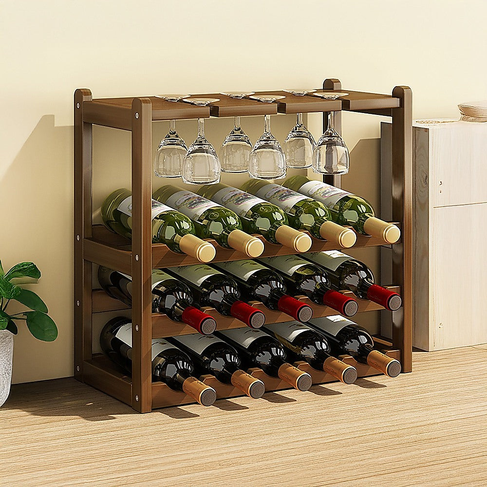 Bamboo Wine Rack Free Standing 15 Bottles with 6 Glasses Holder Storage in Dark Brown V63-837981