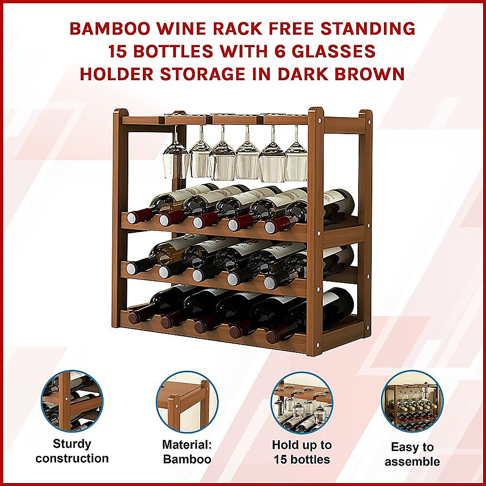 Bamboo Wine Rack Free Standing 15 Bottles with 6 Glasses Holder Storage in Dark Brown V63-837981