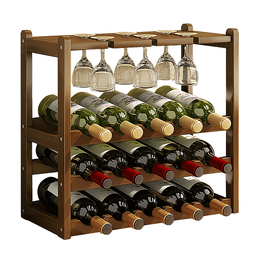 Bamboo Wine Rack Free Standing 15 Bottles with 6 Glasses Holder Storage in Dark Brown V63-837981