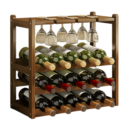 Bamboo Wine Rack Free Standing 15 Bottles with 6 Glasses Holder Storage in Dark Brown V63-837981