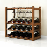 Bamboo Wine Rack Free Standing 15 Bottles with 6 Glasses Holder Storage in Dark Brown V63-837981