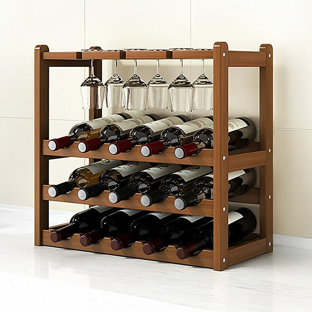 Bamboo Wine Rack Free Standing 15 Bottles with 6 Glasses Holder Storage in Dark Brown V63-837981