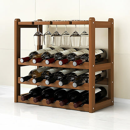 Bamboo Wine Rack Free Standing 15 Bottles with 6 Glasses Holder Storage in Dark Brown V63-837981