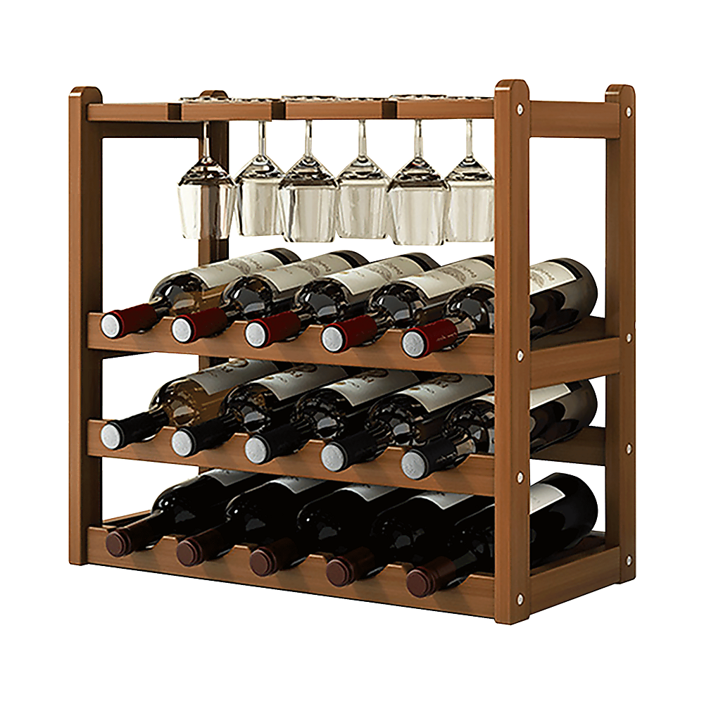 Bamboo Wine Rack Free Standing 15 Bottles with 6 Glasses Holder Storage in Dark Brown V63-837981