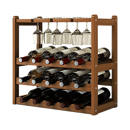 Bamboo Wine Rack Free Standing 15 Bottles with 6 Glasses Holder Storage in Dark Brown V63-837981
