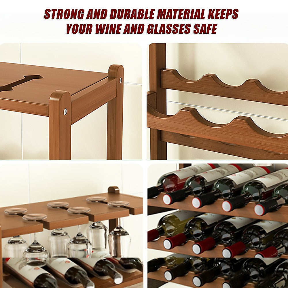 Bamboo Wine Rack Free Standing 15 Bottles with 6 Glasses Holder Storage in Dark Brown V63-837981