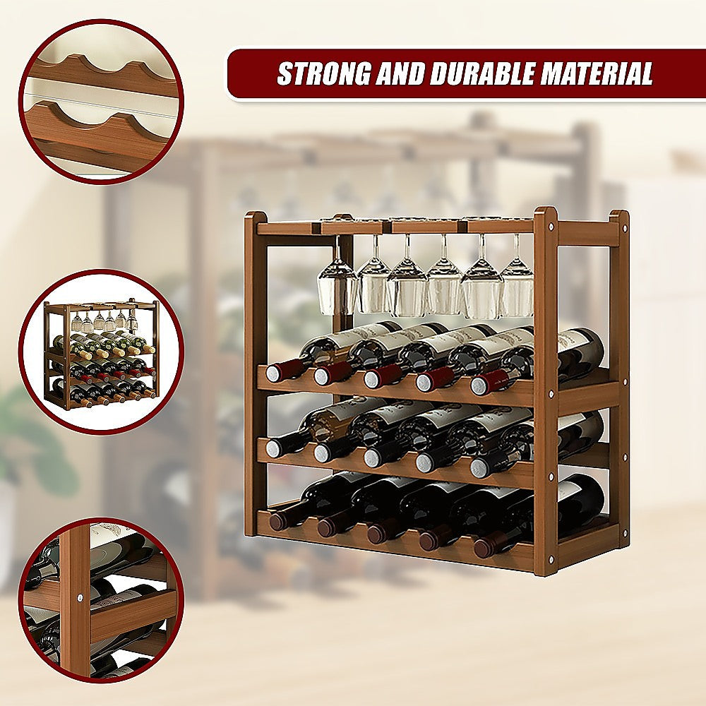 Bamboo Wine Rack Free Standing 15 Bottles with 6 Glasses Holder Storage in Dark Brown V63-837981