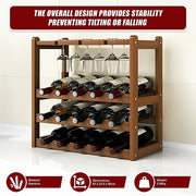 Bamboo Wine Rack Free Standing 15 Bottles with 6 Glasses Holder Storage in Dark Brown V63-837981