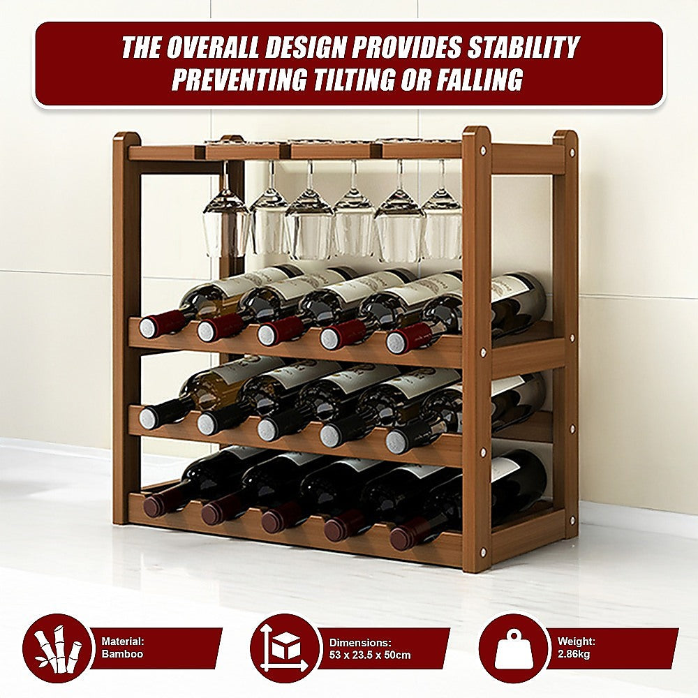 Bamboo Wine Rack Free Standing 15 Bottles with 6 Glasses Holder Storage in Dark Brown V63-837981