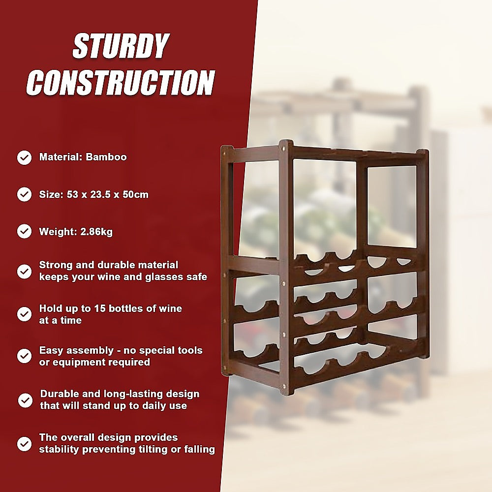 Bamboo Wine Rack Free Standing 15 Bottles with 6 Glasses Holder Storage in Dark Brown V63-837981