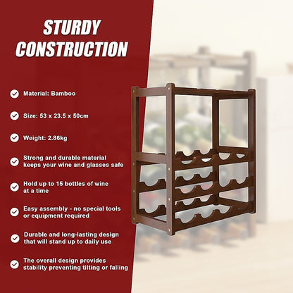 Bamboo Wine Rack Free Standing 15 Bottles with 6 Glasses Holder Storage in Dark Brown V63-837981