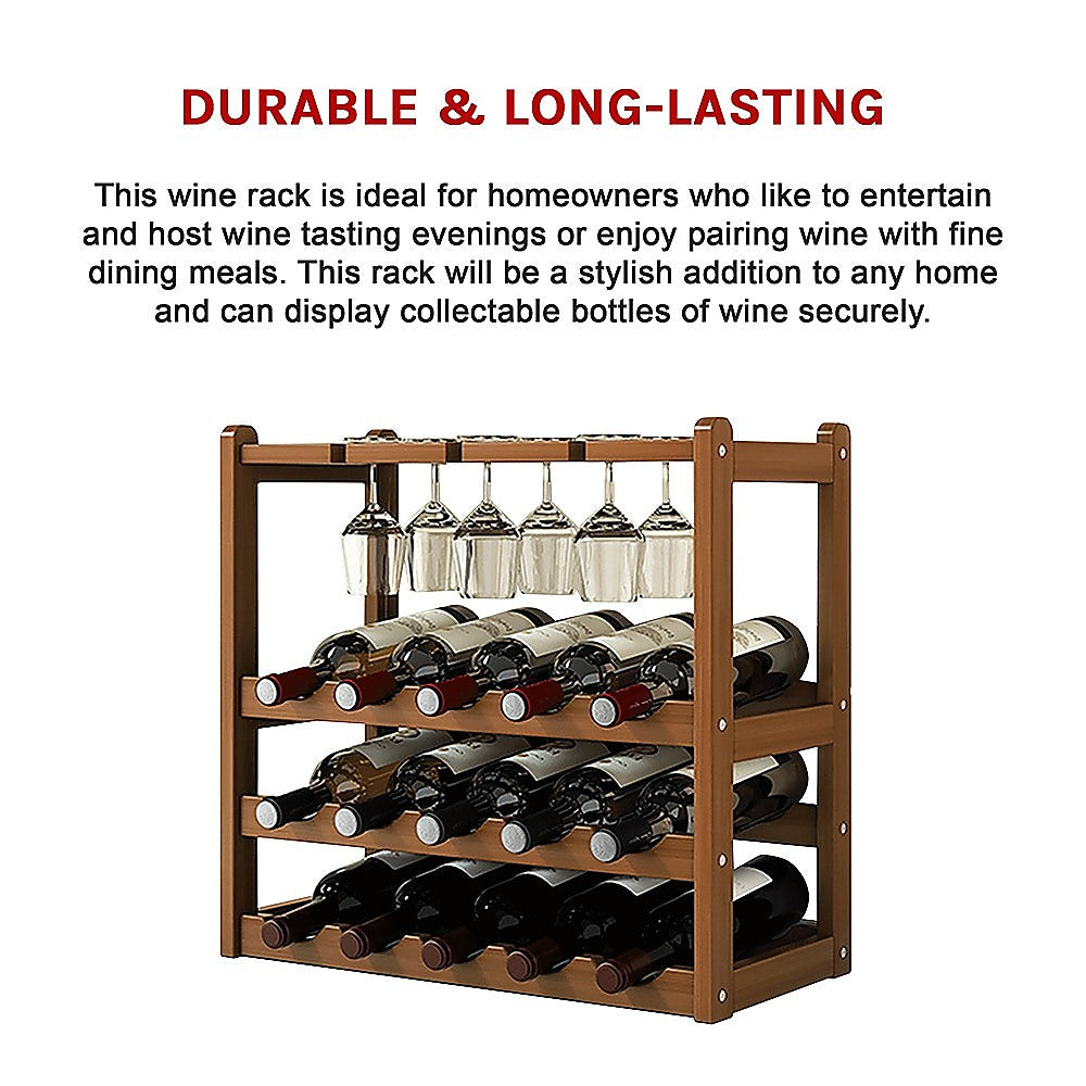 Bamboo Wine Rack Free Standing 15 Bottles with 6 Glasses Holder Storage in Dark Brown V63-837981
