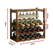 Bamboo Wine Rack Free Standing 15 Bottles with 6 Glasses Holder Storage in Dark Brown V63-837981
