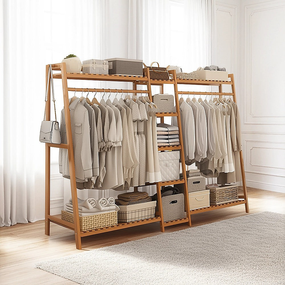 Portable Clothes Rack Coat Garment Stand Bamboo Rail Hanger Airer Closet V63-838031