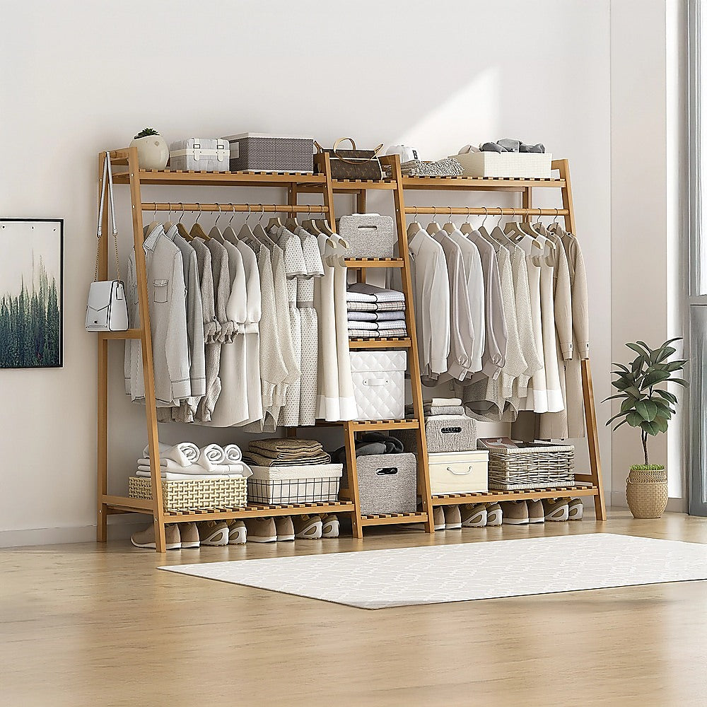 Portable Clothes Rack Coat Garment Stand Bamboo Rail Hanger Airer Closet V63-838031