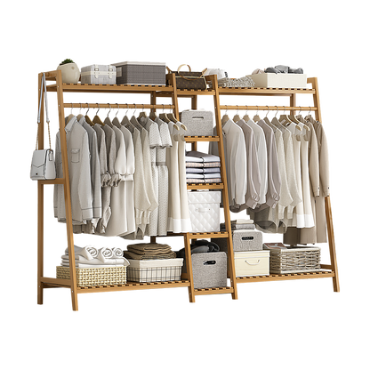 Portable Clothes Rack Coat Garment Stand Bamboo Rail Hanger Airer Closet V63-838031