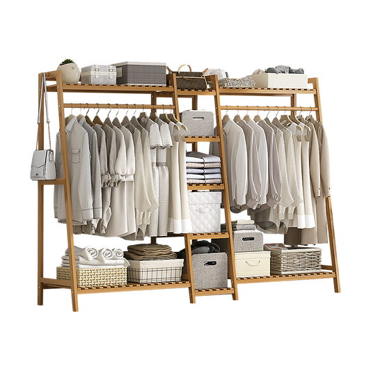 Portable Clothes Rack Coat Garment Stand Bamboo Rail Hanger Airer Closet V63-838031