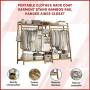 Portable Clothes Rack Coat Garment Stand Bamboo Rail Hanger Airer Closet V63-838031