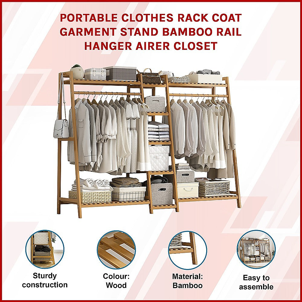 Portable Clothes Rack Coat Garment Stand Bamboo Rail Hanger Airer Closet V63-838031