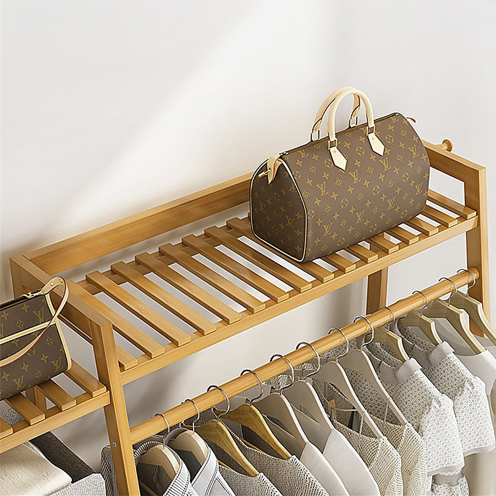 Portable Clothes Rack Coat Garment Stand Bamboo Rail Hanger Airer Closet V63-838031