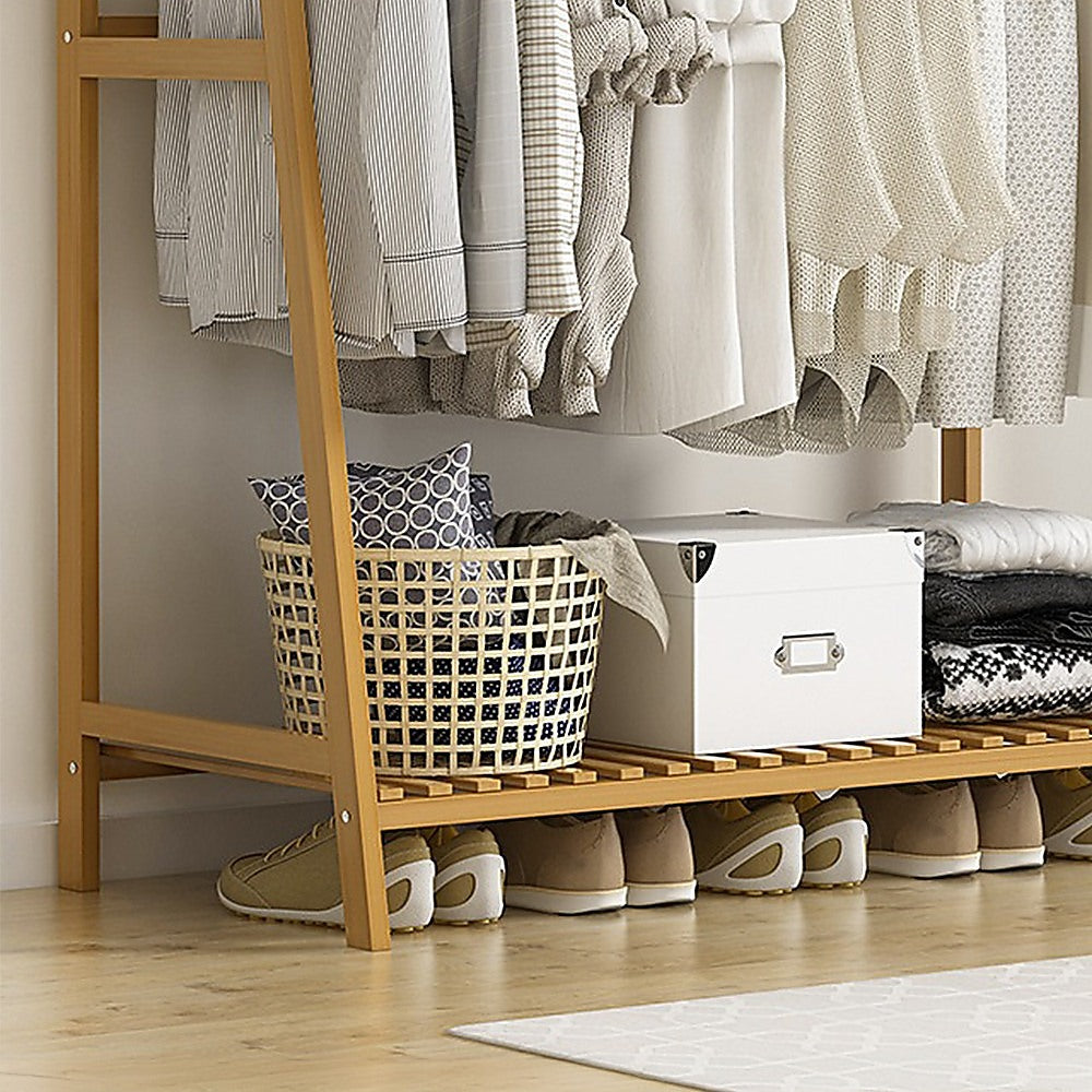 Portable Clothes Rack Coat Garment Stand Bamboo Rail Hanger Airer Closet V63-838031