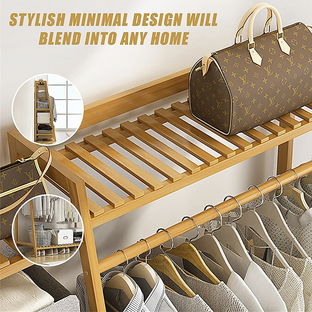 Portable Clothes Rack Coat Garment Stand Bamboo Rail Hanger Airer Closet V63-838031