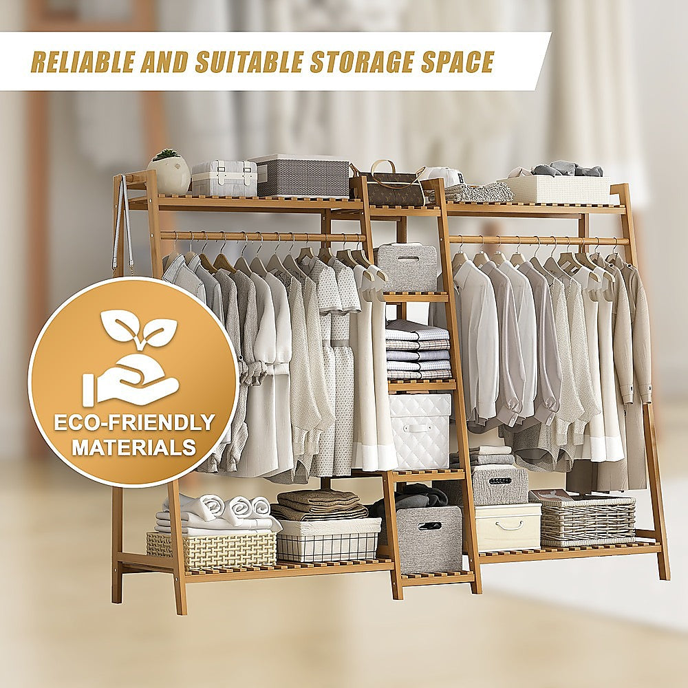 Portable Clothes Rack Coat Garment Stand Bamboo Rail Hanger Airer Closet V63-838031