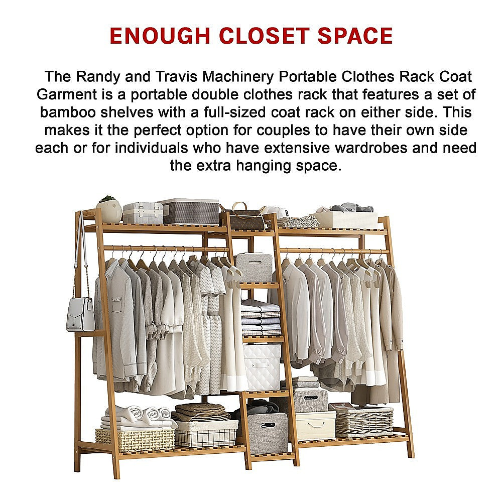 Portable Clothes Rack Coat Garment Stand Bamboo Rail Hanger Airer Closet V63-838031