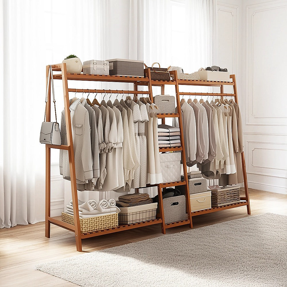 Portable Clothes Rack Coat Garment Stand Bamboo Rail Hanger Airer Closet V63-838041
