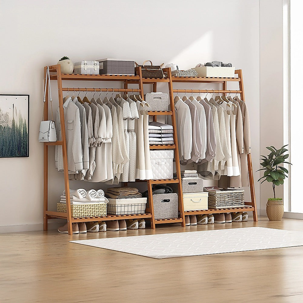 Portable Clothes Rack Coat Garment Stand Bamboo Rail Hanger Airer Closet V63-838041