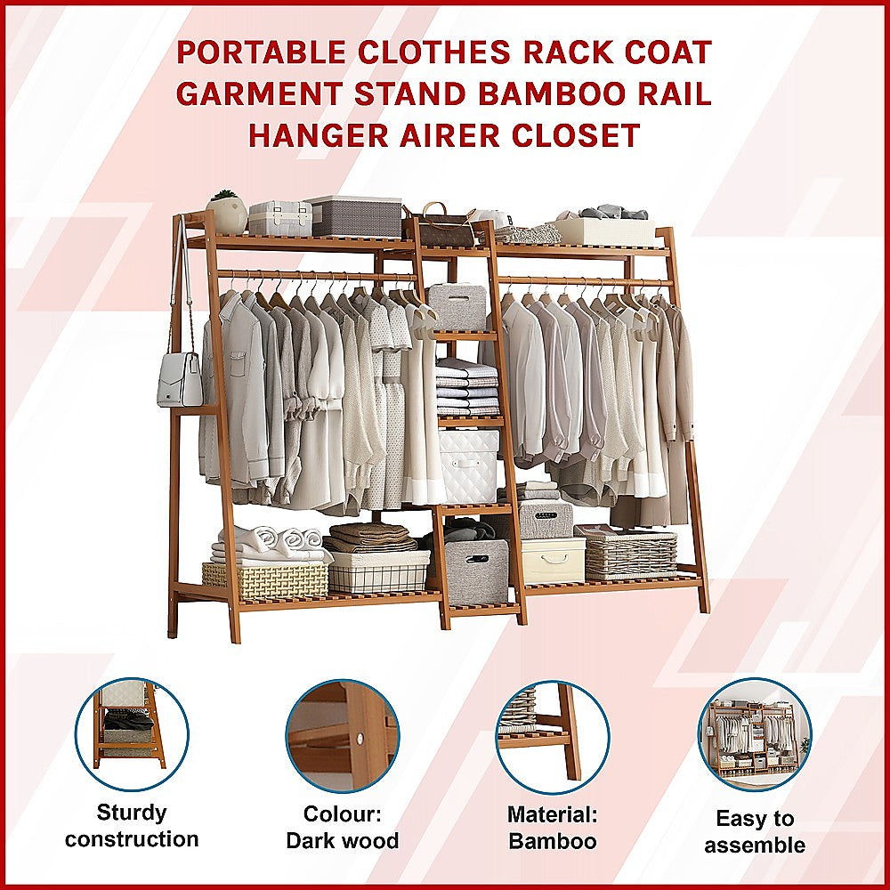 Portable Clothes Rack Coat Garment Stand Bamboo Rail Hanger Airer Closet V63-838041