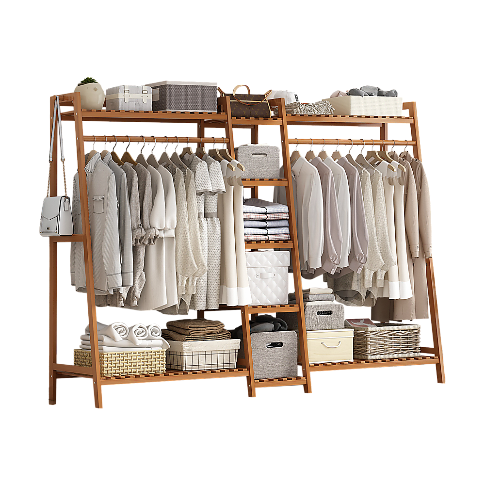 Portable Clothes Rack Coat Garment Stand Bamboo Rail Hanger Airer Closet V63-838041